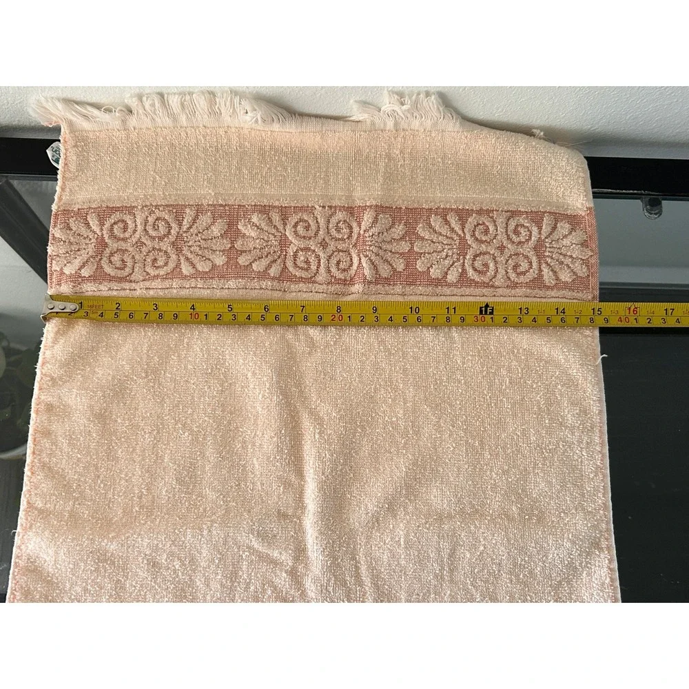 Vintage Cannon Peach/Coral Hand Towel Washcloth Set Floral Jacquard Fringe USA